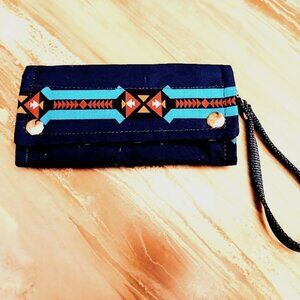 New Western Clutch Wristlet Wallet Blue Teal Geometric Aztec Trifold Zip Pouch